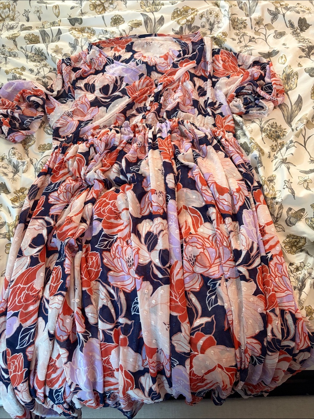 Torrid Floral Puff-Sleeve Dress in Navy, Coral & Pink